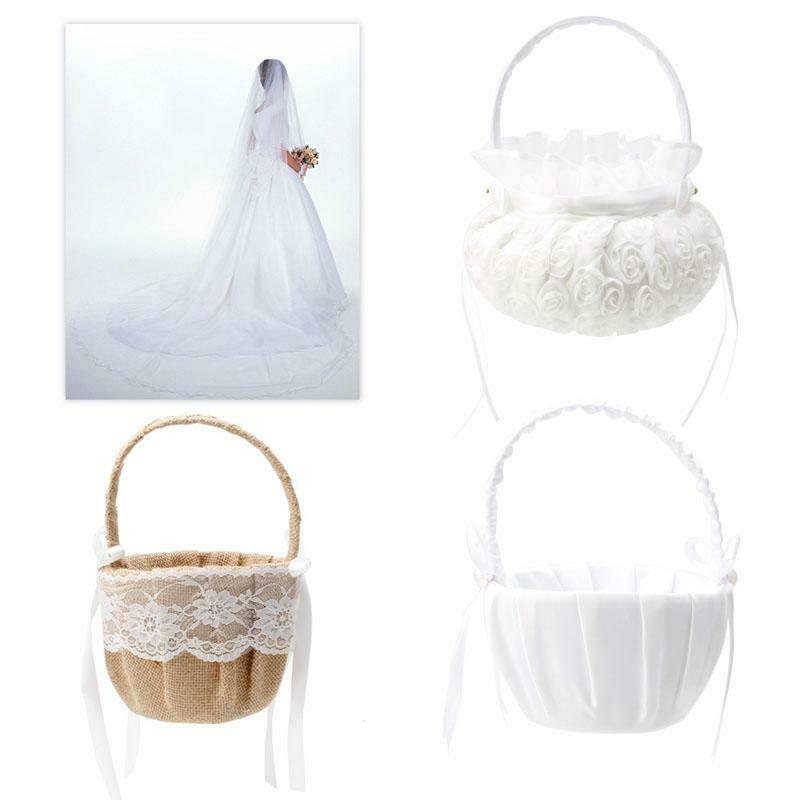 Romantic Bowknot Burlap Satin Wedding Ceremony Party Rose Flower Girl Basket