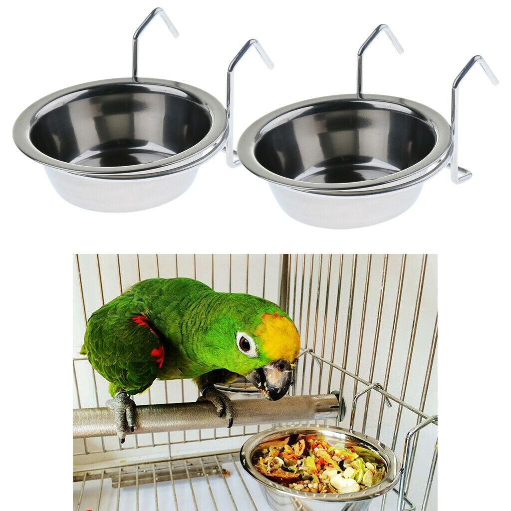 2Pcs Bird Parrot Stainless Steel Cup Feeding Accessories in Cage Bowl