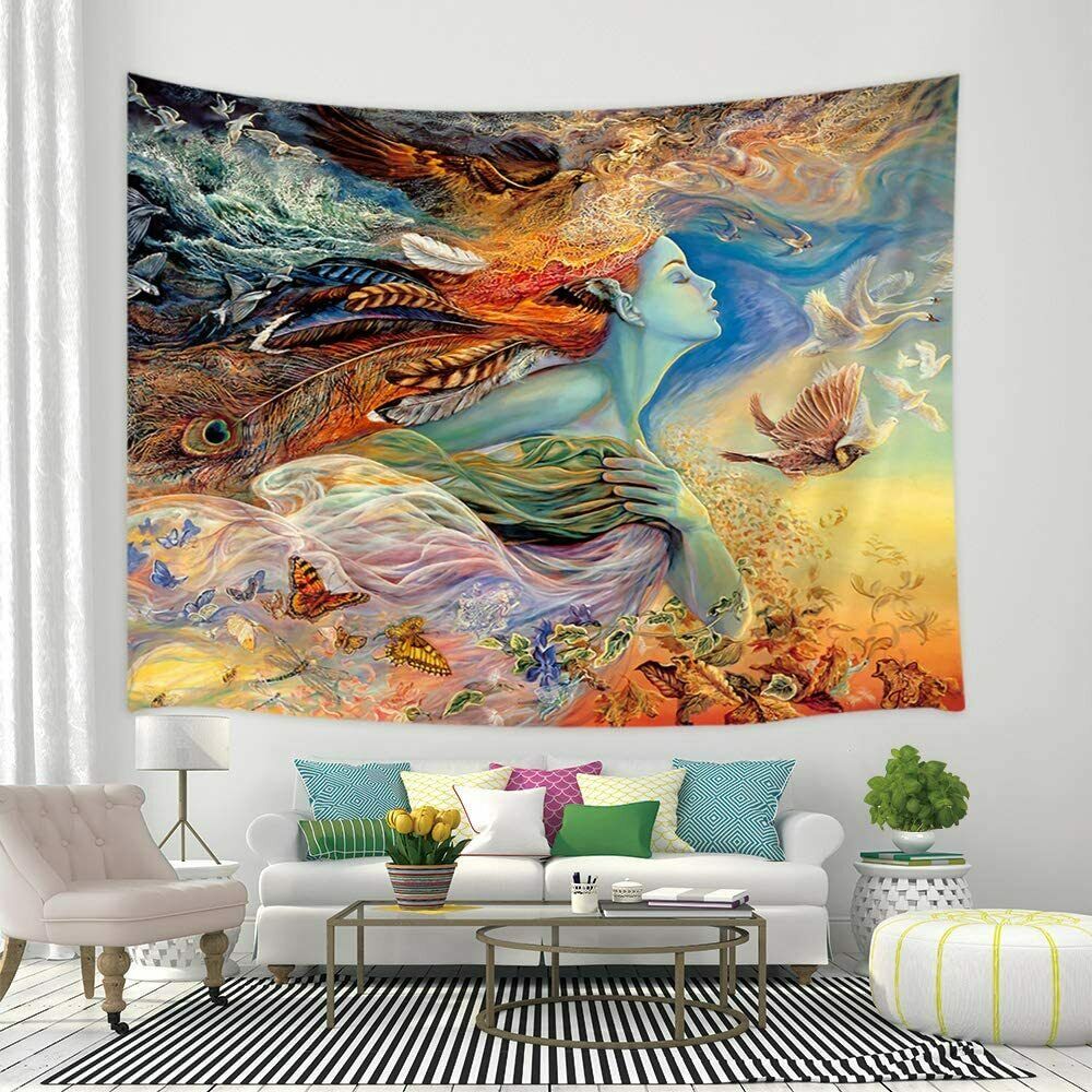 Magical Girl with Butterfly Birds Trippy Tapestry for Bedroom Living Room Dorm