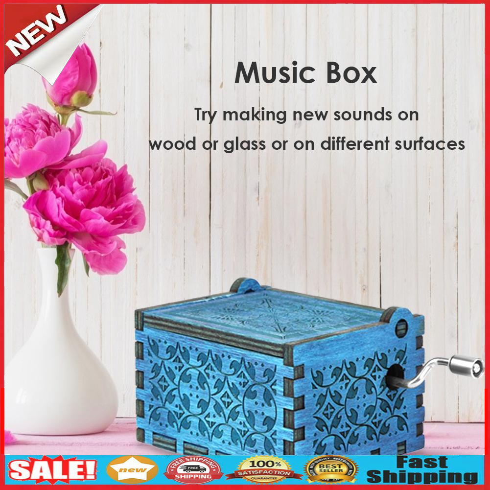 Retro Blue Wood Hand Cranked Music Box Child Xmas Gift Home Decor Ornament @