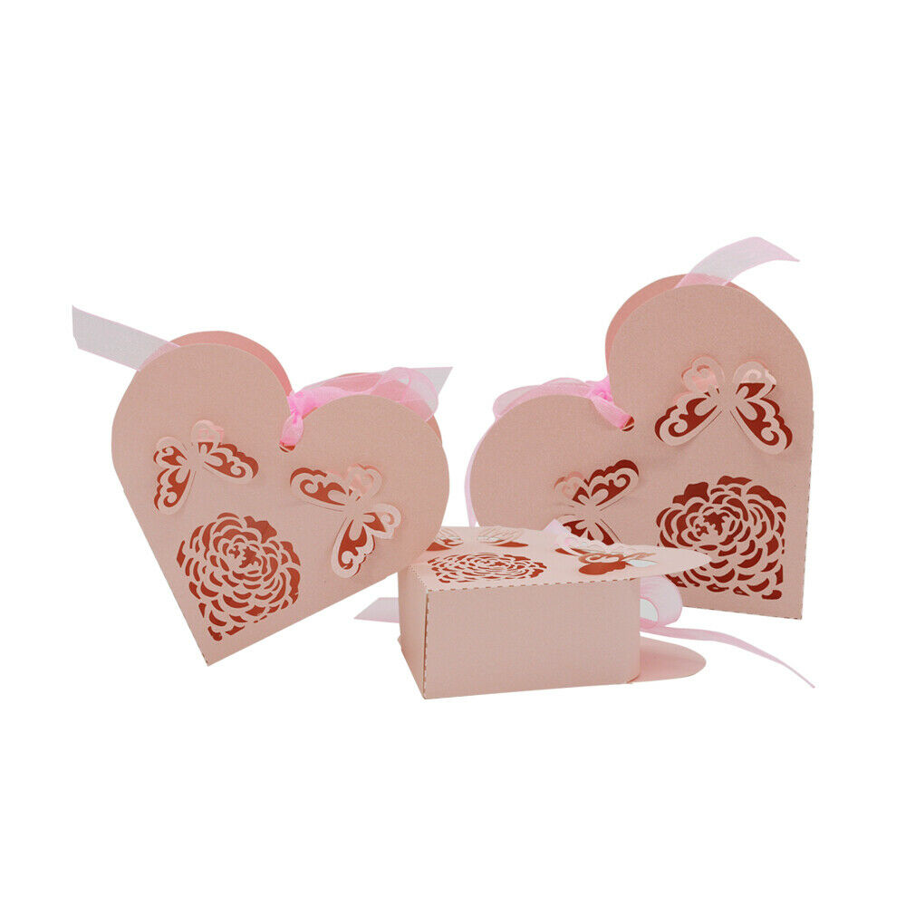 50pcs Paper Love Heart Hollow Candy Boxes Ribbon Wedding Party Favors Pink