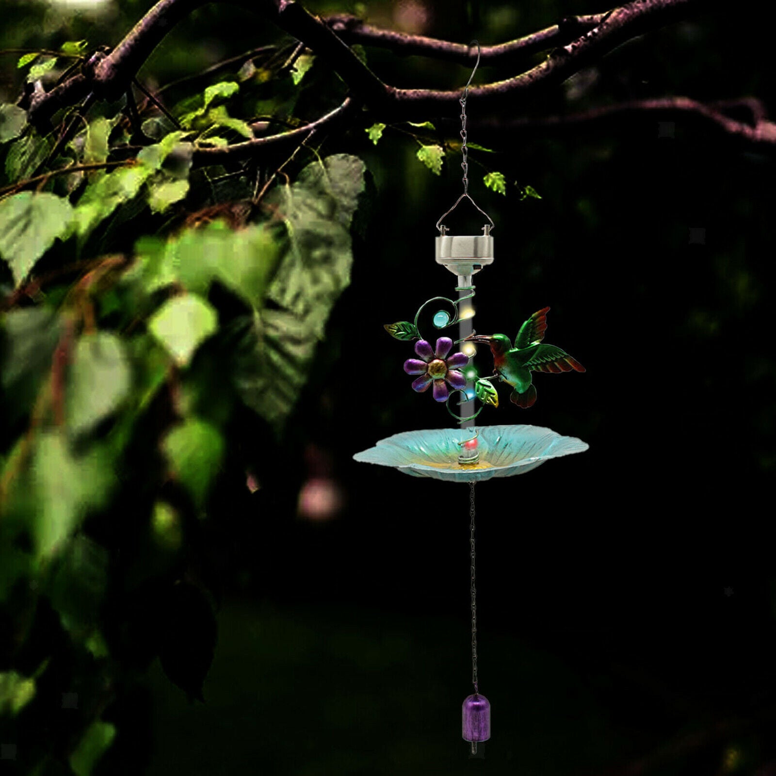 Solar Bird Feeder Outside w/ Bird and Flower Patio Ornament Waterproof