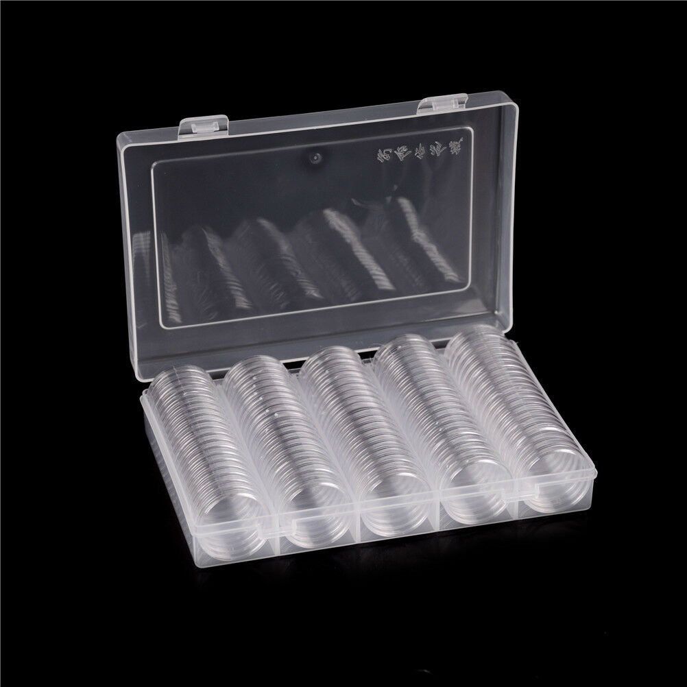 100 Clear Coin Capsules Coin Case Holders 27mm Round Storage Box HVB.DD