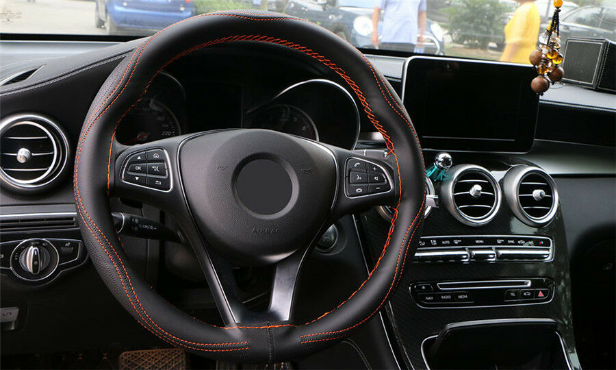 Black+Orange Line Fiber Leather Anti-Slip Car Steering Wheel Cover Protect Case
