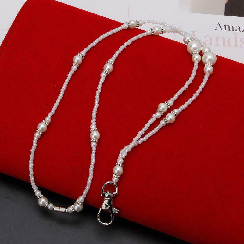 White Pearls Bead ID Badge Holder Lanyard Necklace with Magnetic Breakaway Clasp