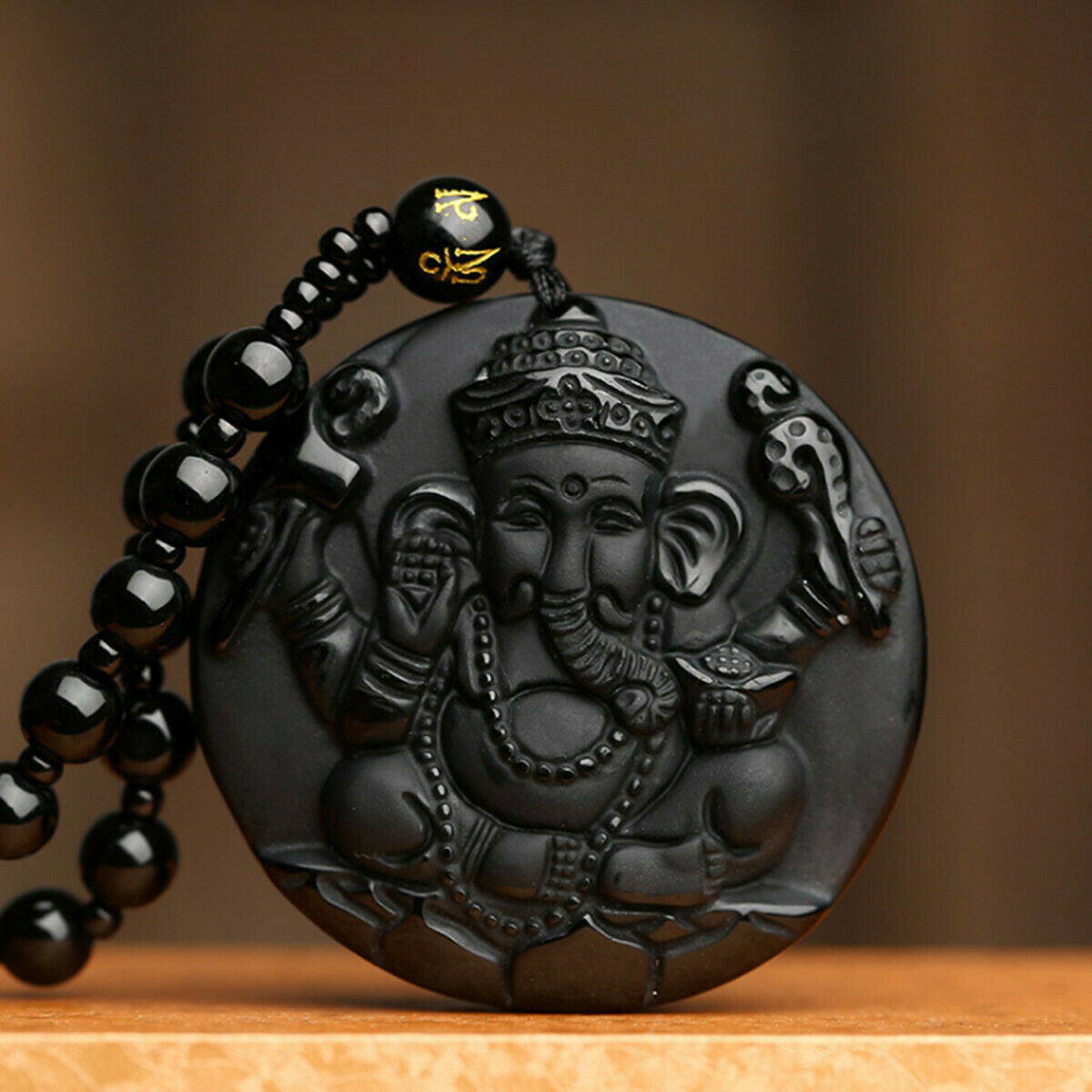 Black Obsidian Nose Elephant God Pendant Necklace Hand Carved Amulet Protection