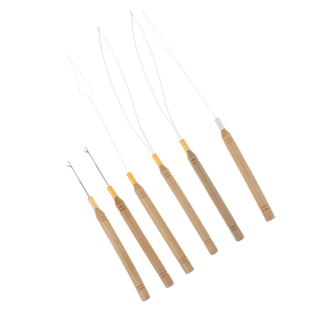 6Pcs Wooden Hair Extensions Loop Needle and Threader Hook Pulling Tools Set