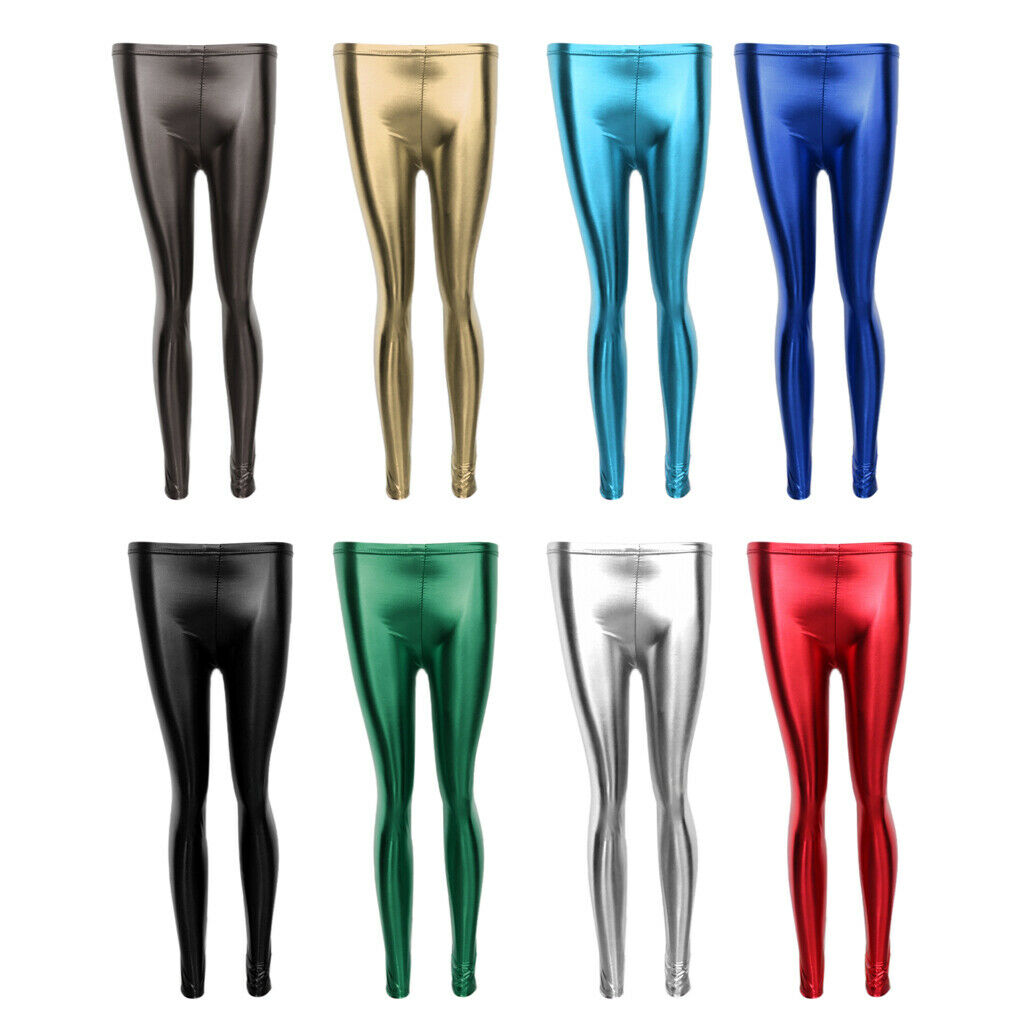 Women Faux Leather Leggings Wet Look  Metallic Stretch Pants Iron Gray