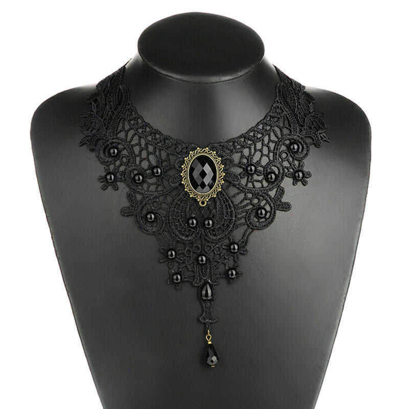 Black Lace&Bead Choker Victorian Steampunk Style Gothic Collar Necklace Gift XC