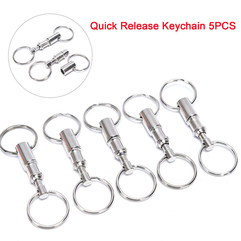 5pcs Steel Chrome Plated Pull-Apart Detachable Key Ring Snap Lock HolderI7CA