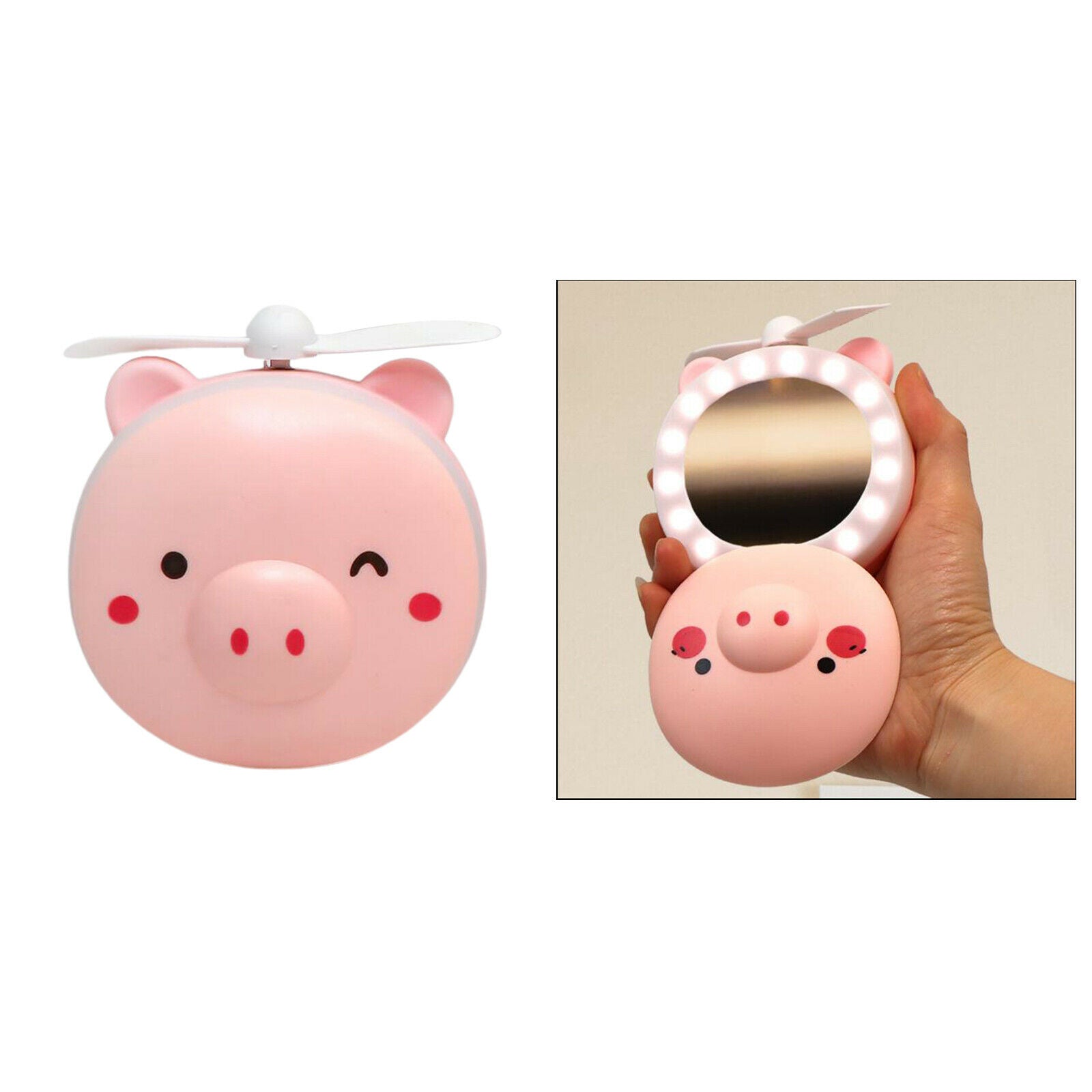 Cartoon Pig Makeup Mirror Cooling Fan LED Light USB Rechargeable Indoor