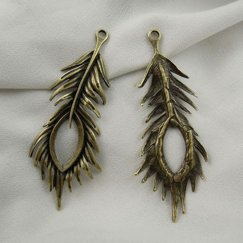5 pcs Antiqued Bronze Alloy Peacock Feather Pendant Jewelry Making Craft 67x28mm