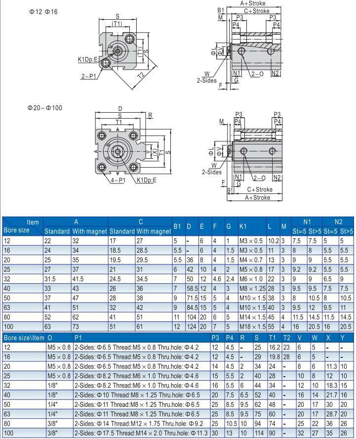 Max 1.0Mpa 16mm Bore 25mm Stroke SDA16-25 Compact Air Cylinder Double Acting
