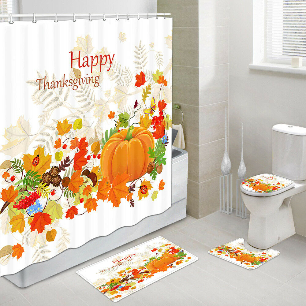 Maple Leaf and Thanksgiving Shower Curtain Set Bath Rug Toilet Lid Seat Cover