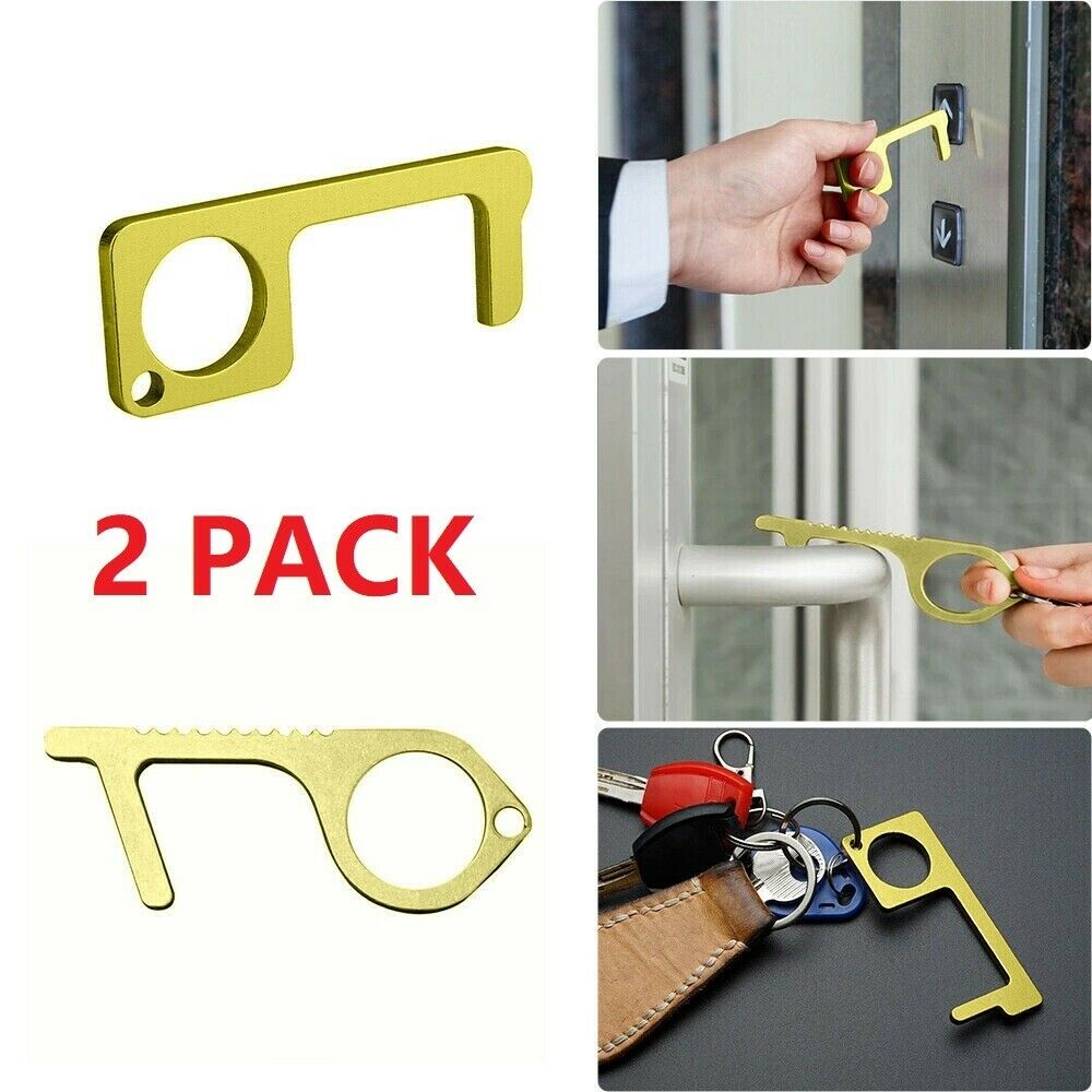 2x Portable Hand Brass Non-contact Door Opener Pusher Handle Key Tool Kit