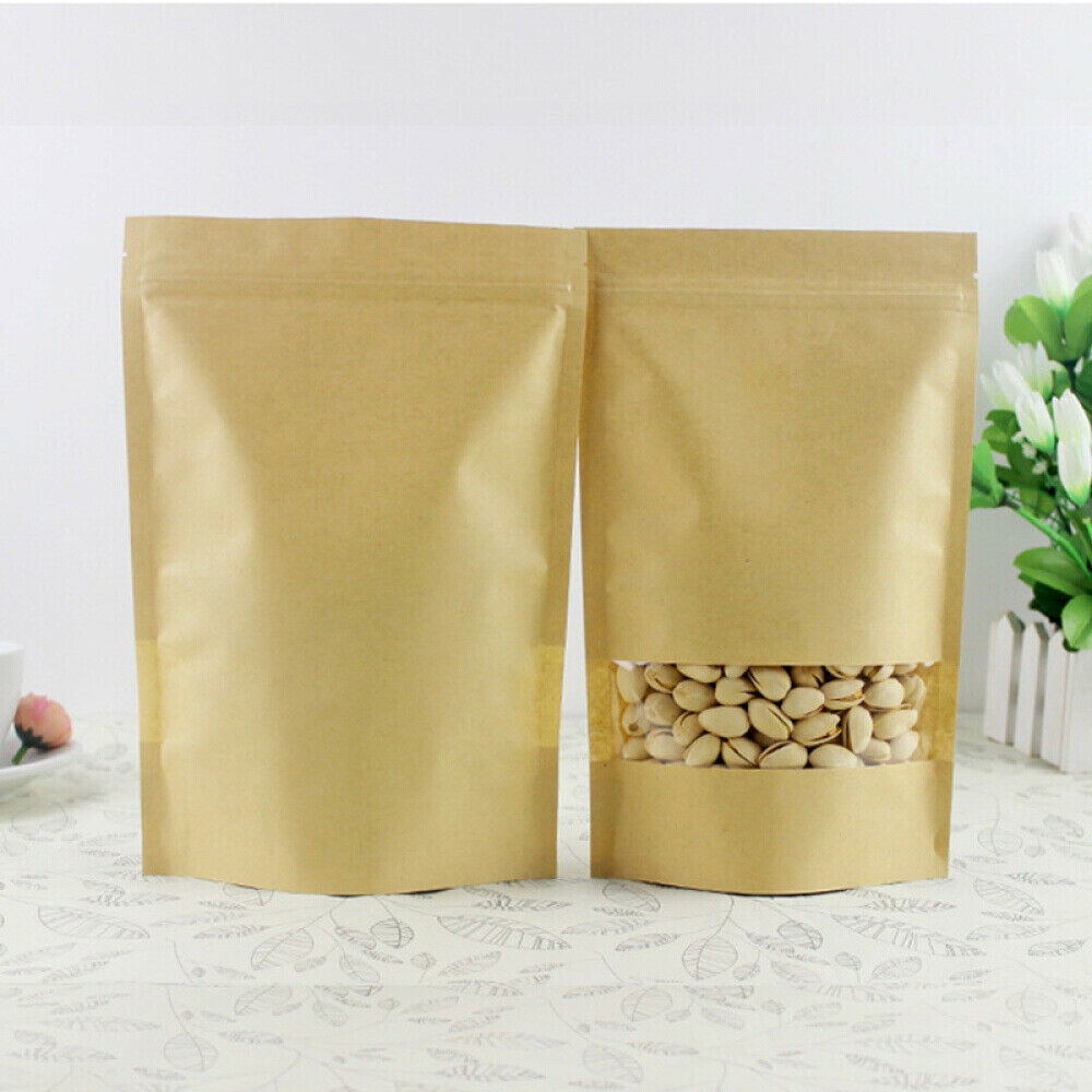 100 Pieces Kraft Bags with Window Stand Up Seal Paper Bag for Home Business