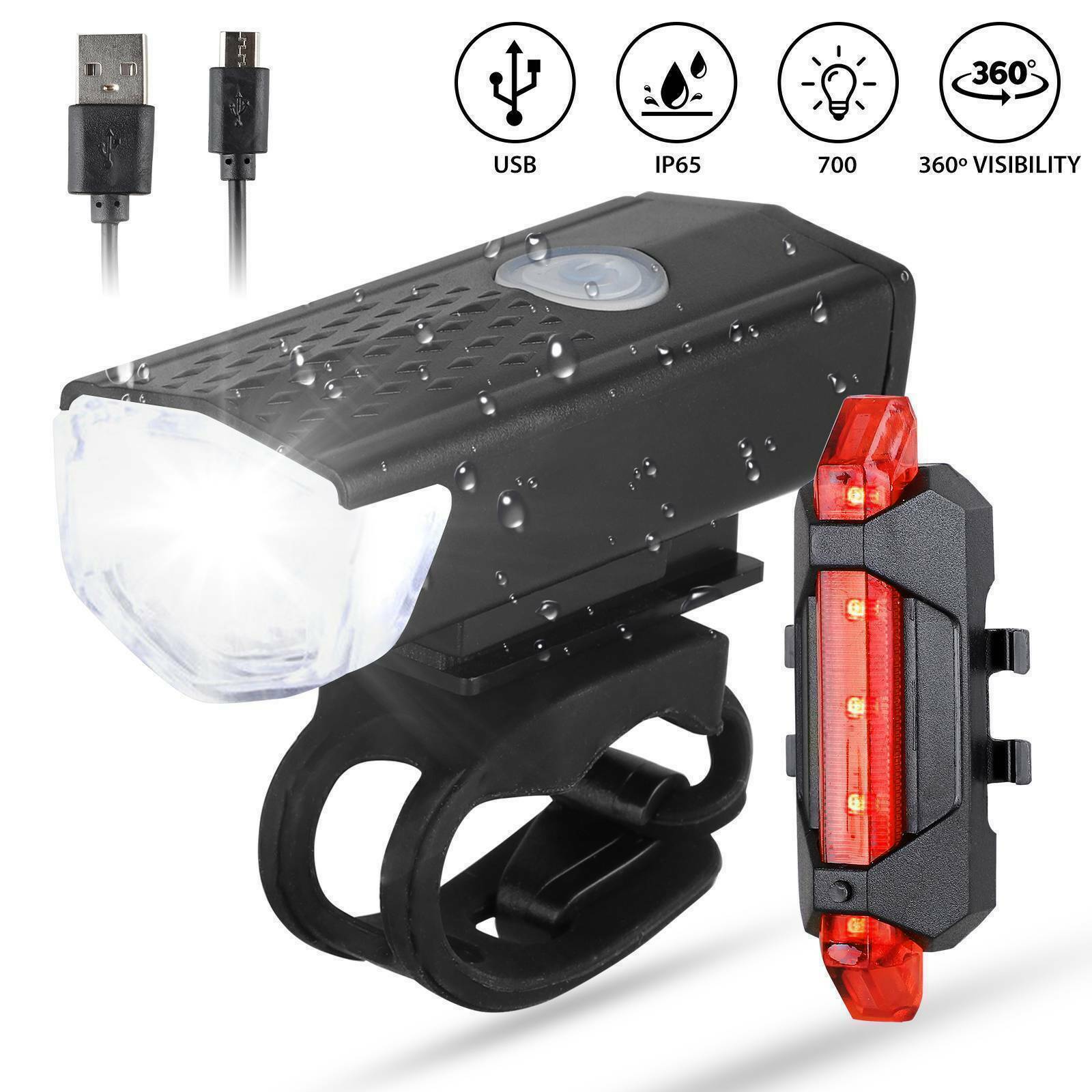 USB Rechargeable LED Headlight Bike Head Light Front Rear Lamp Cycling Bicycle ~