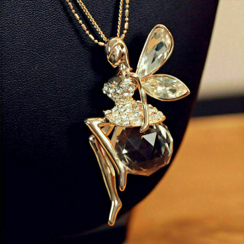 Fashion Women Crystal Fairy Angel Wing Pendant Long Chain Sweater Necklace Gift