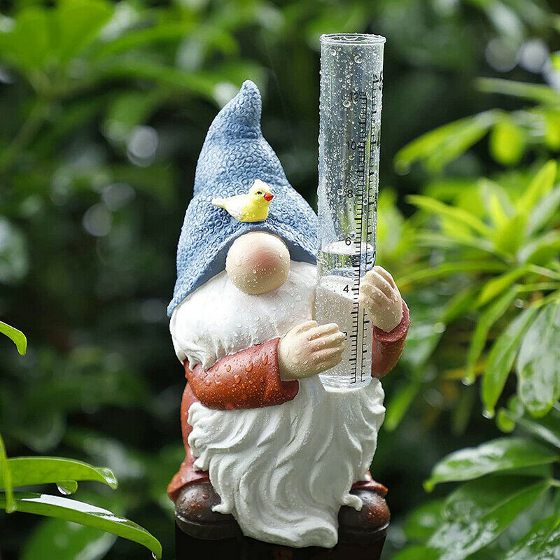 Gnome Rain Gauges Garden Statue with a Plastic Rain Gauge Hand Painted Sculpture