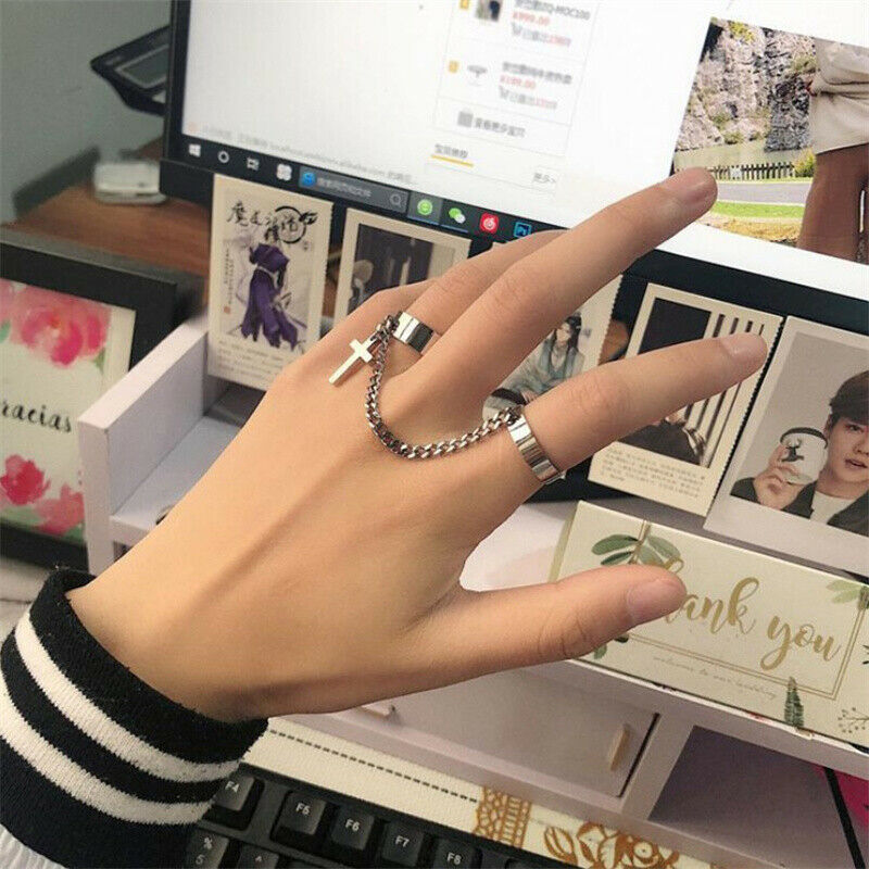 Hip Hop Stainless Steel Men Two Piece Ring The Cross Chain Ring Titanium S J NC