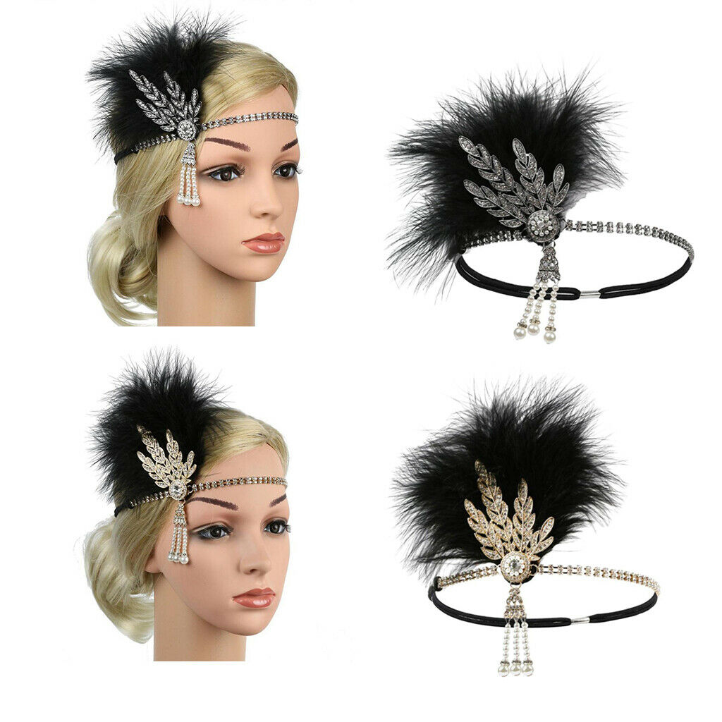 Set of 2 Womens Feather Headband Chain Stretchy Rhinestone Hairband Beaded