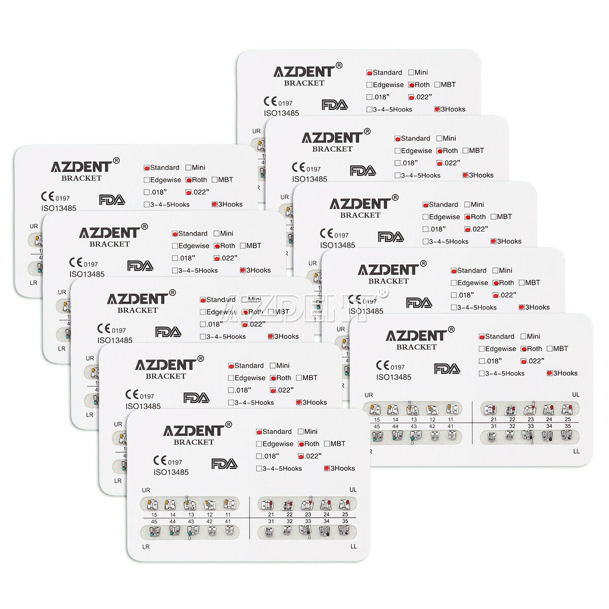 100xDental Orthodontic Brackets Standard Roth Slot.022 3 Hooks AZDENT