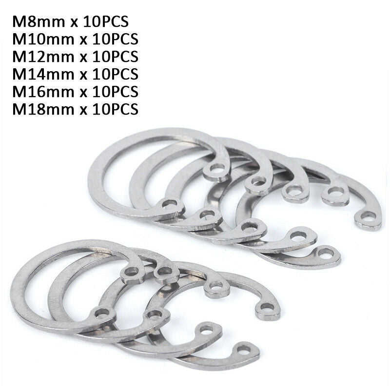 60pcs M8-M18 Internal Circlips Retaining Rings C Clips Kit - A2 304 Stainless