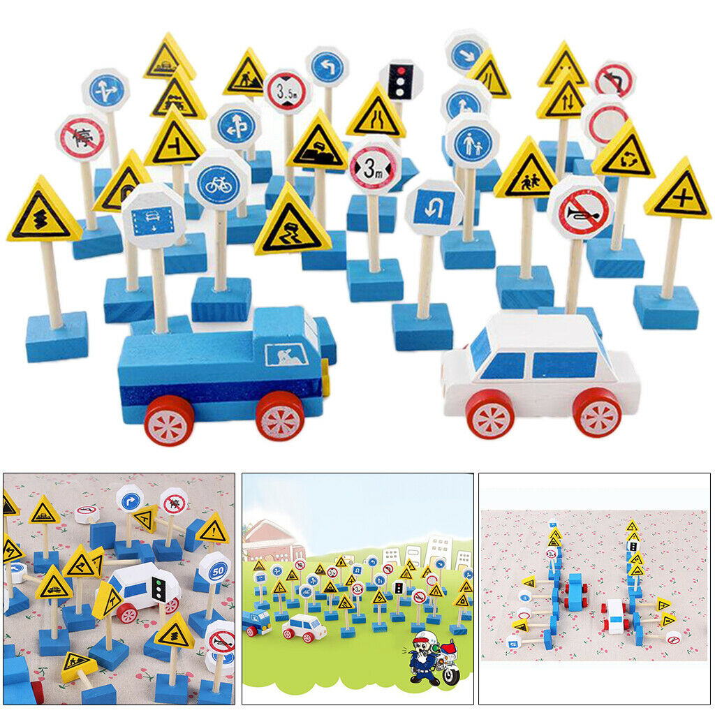 Wooden Street Signs Playset with Mini Vehicles Car Kids Educational Toys for
