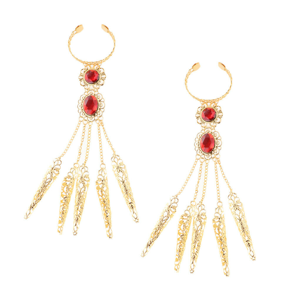 1 Pair Belly Dance Gypsy Egyptian Bracelet Finger Nails Red Gem Hand Jewelry
