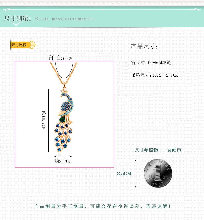 Blue Colorful Crystal Rhinestone Big Peacock Animal Pendant Necklace 2019