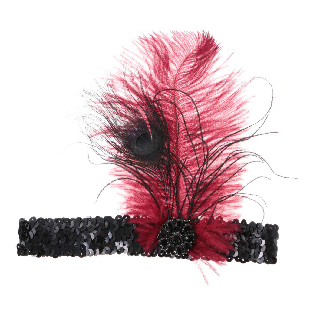 Wine Feather Flapper Headband 1920s Stretchy Headdress Charleston Headpiece