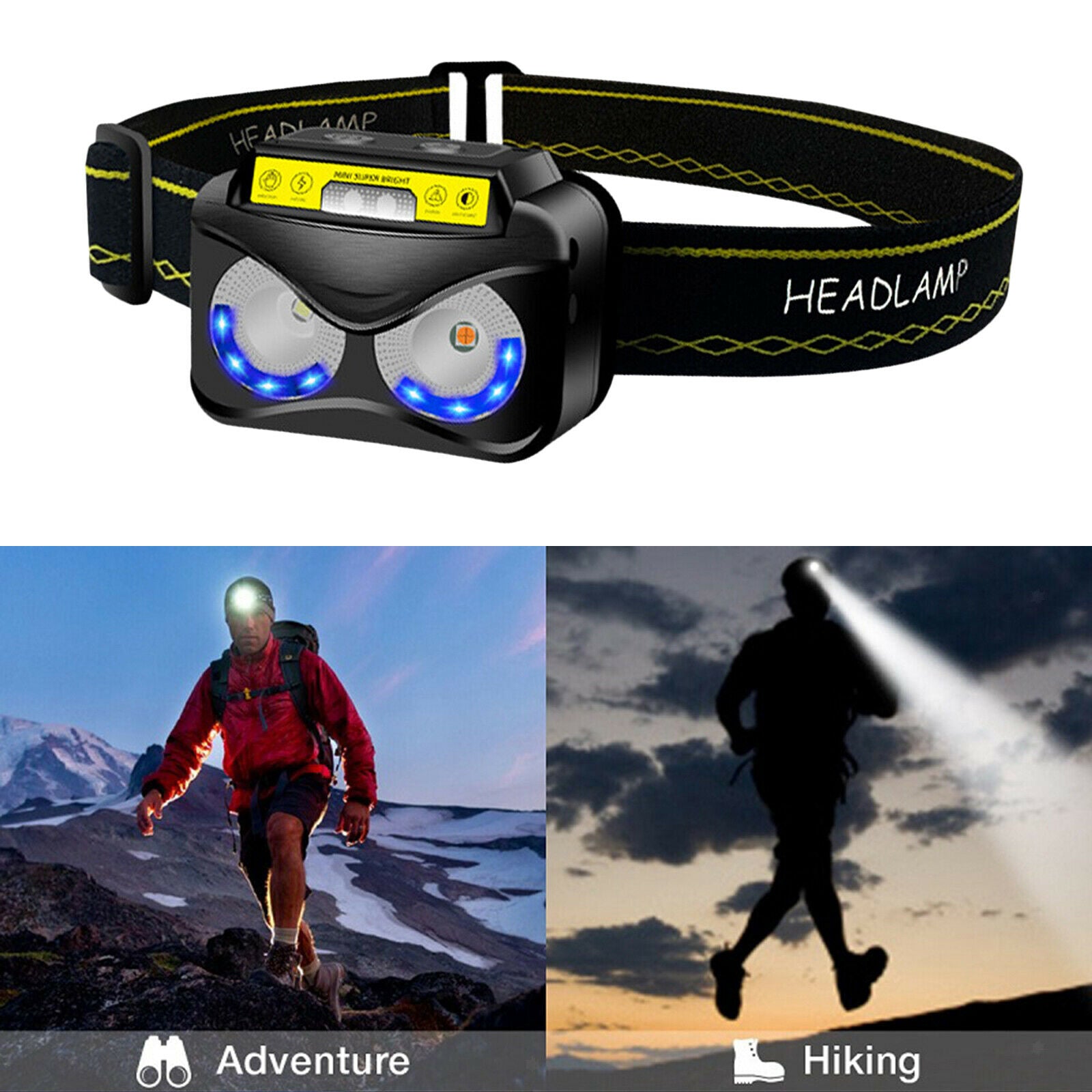 USB Headlamp Flashlight Motion Sensor Head Band Outdoor Headlight Camping