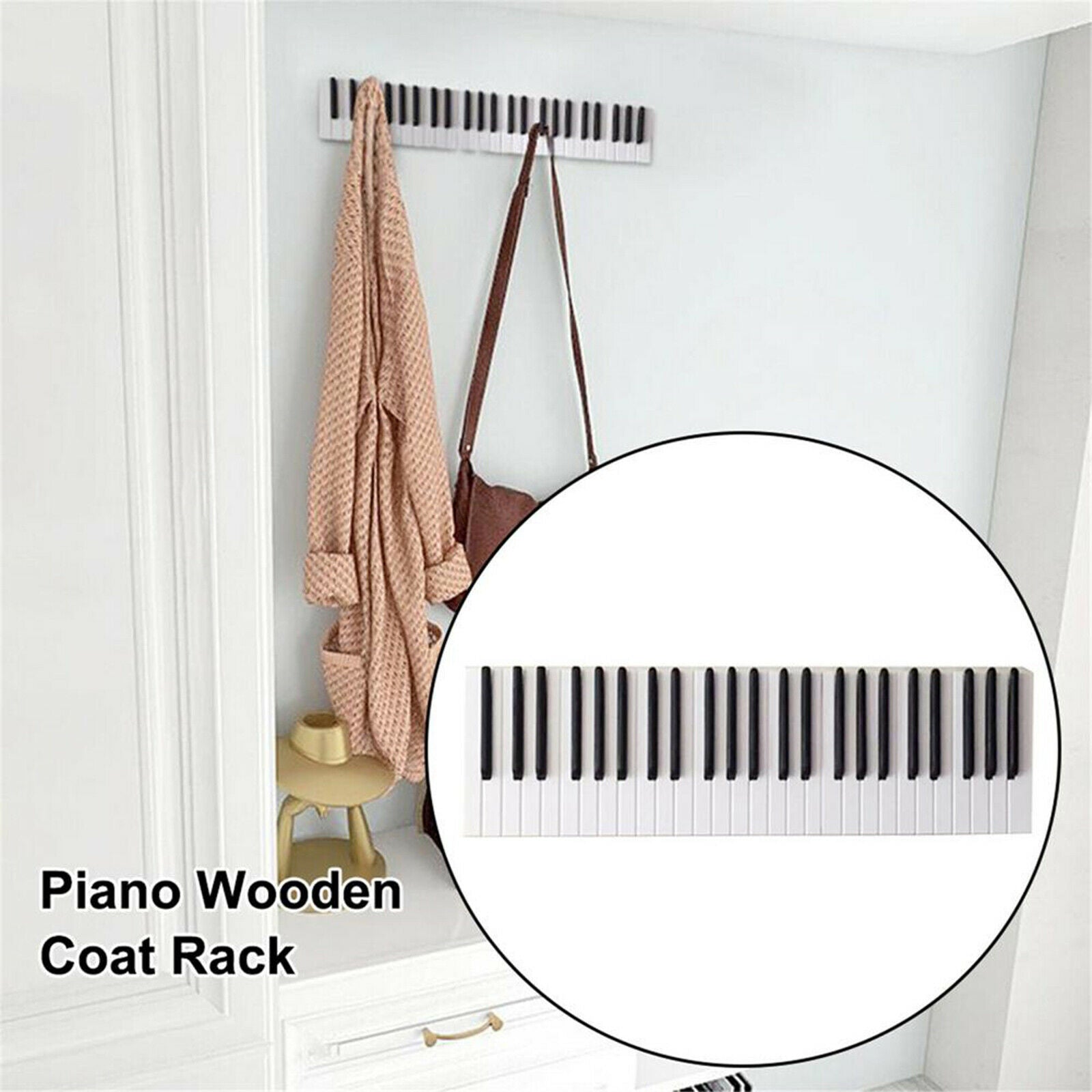 Wood Piano Hooks Coat Rack Holder Wall Clothes Purse Robes Hook Rail Decor