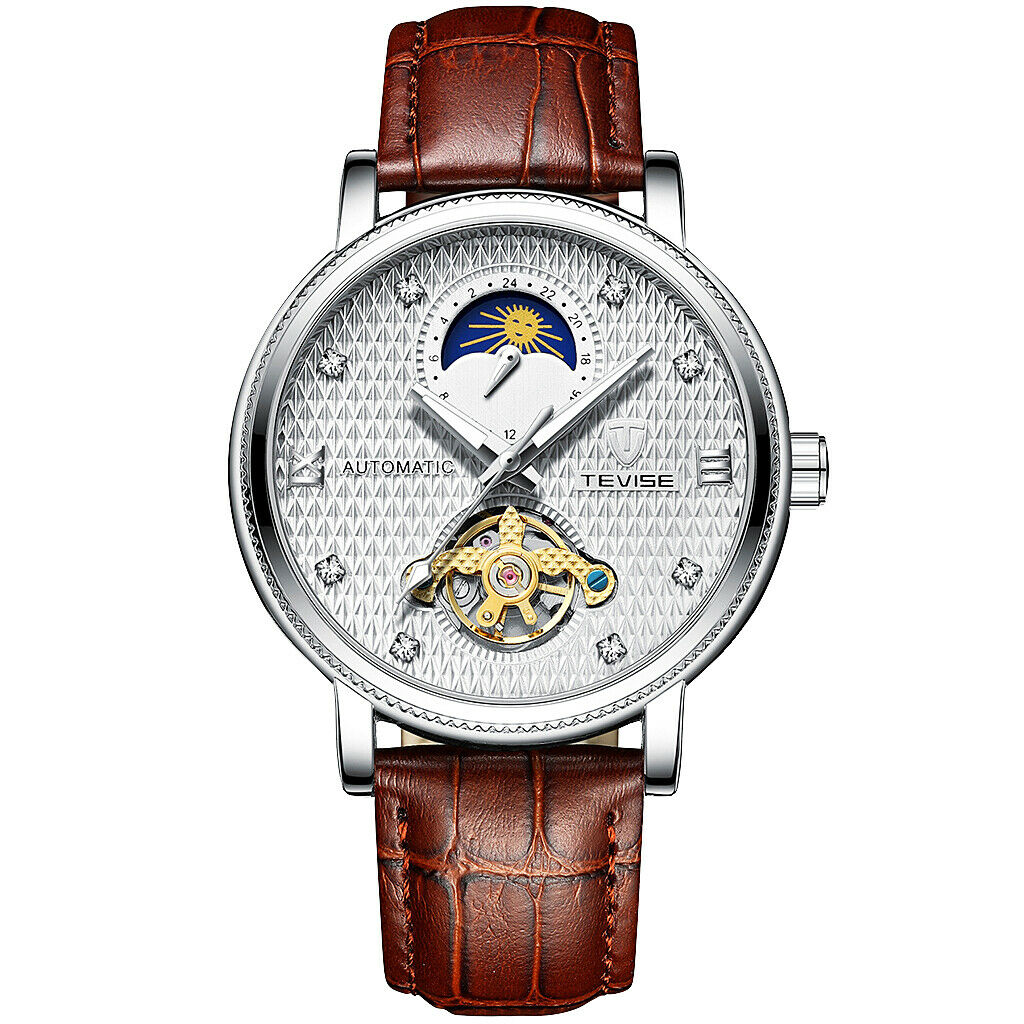 Men Luminous Automatic Mechanical Watch Leather Band Wristwatch Brown