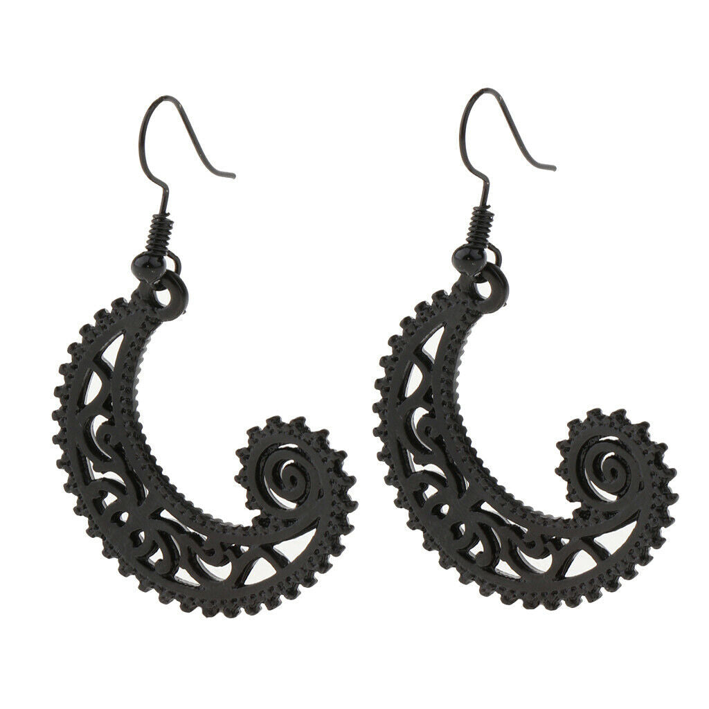Bohemian Swirl Spiral Moon Dangle Earrings Wedding Jewelry Matte Black