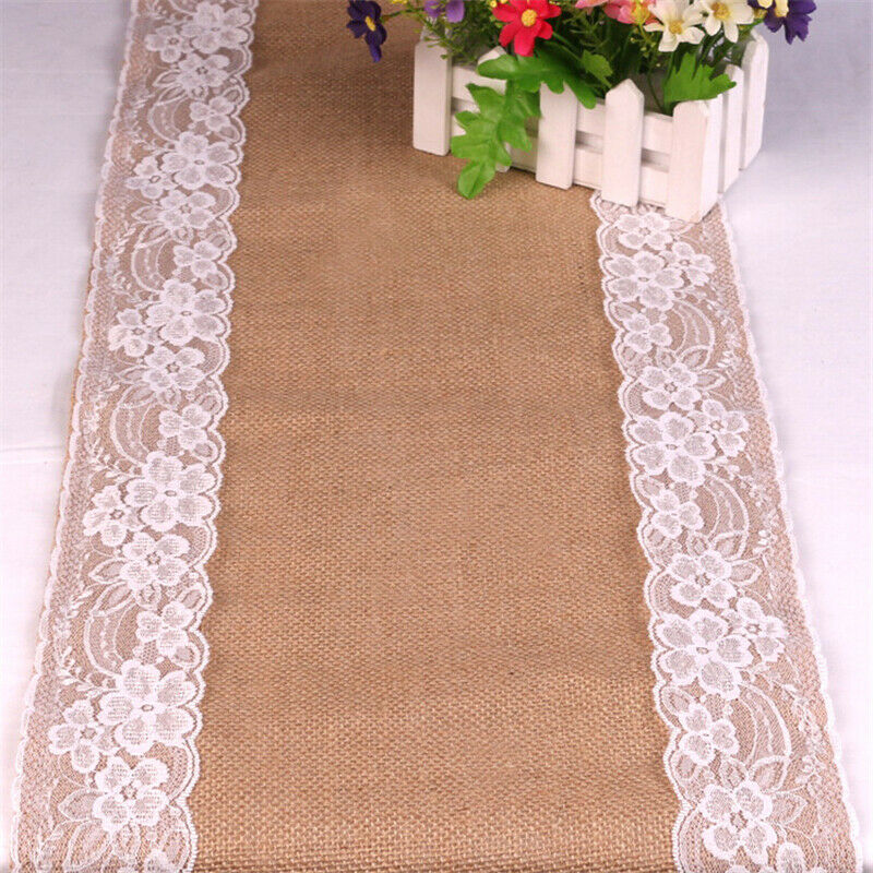 Lace Jute Table Runner Tablecloth Cover Tulle Floral Embroidered Decor 30x275cm