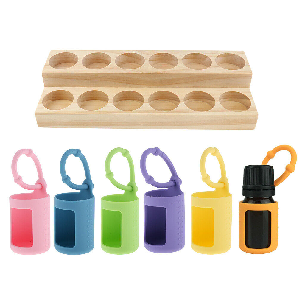 Wood Essential Oil Display Stand with 6 Silicone Carrying Sleeves Case - for