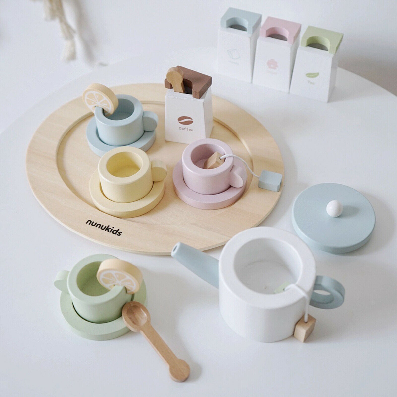 Coffe Cup, Scoop, Tray, Saucers, , Wooden Tableware Set Kids Pretend