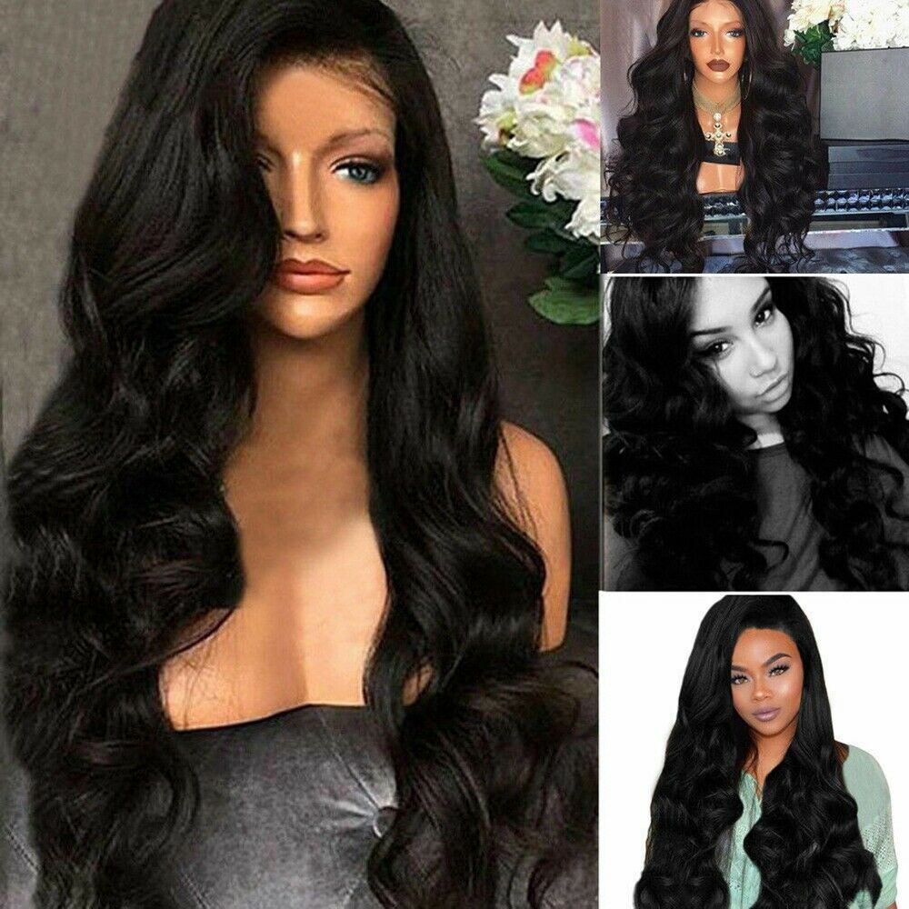 Womens Black Full Wig Brazilian Remy Hair Body Wave Silk Synthetic Hair Wigs USA