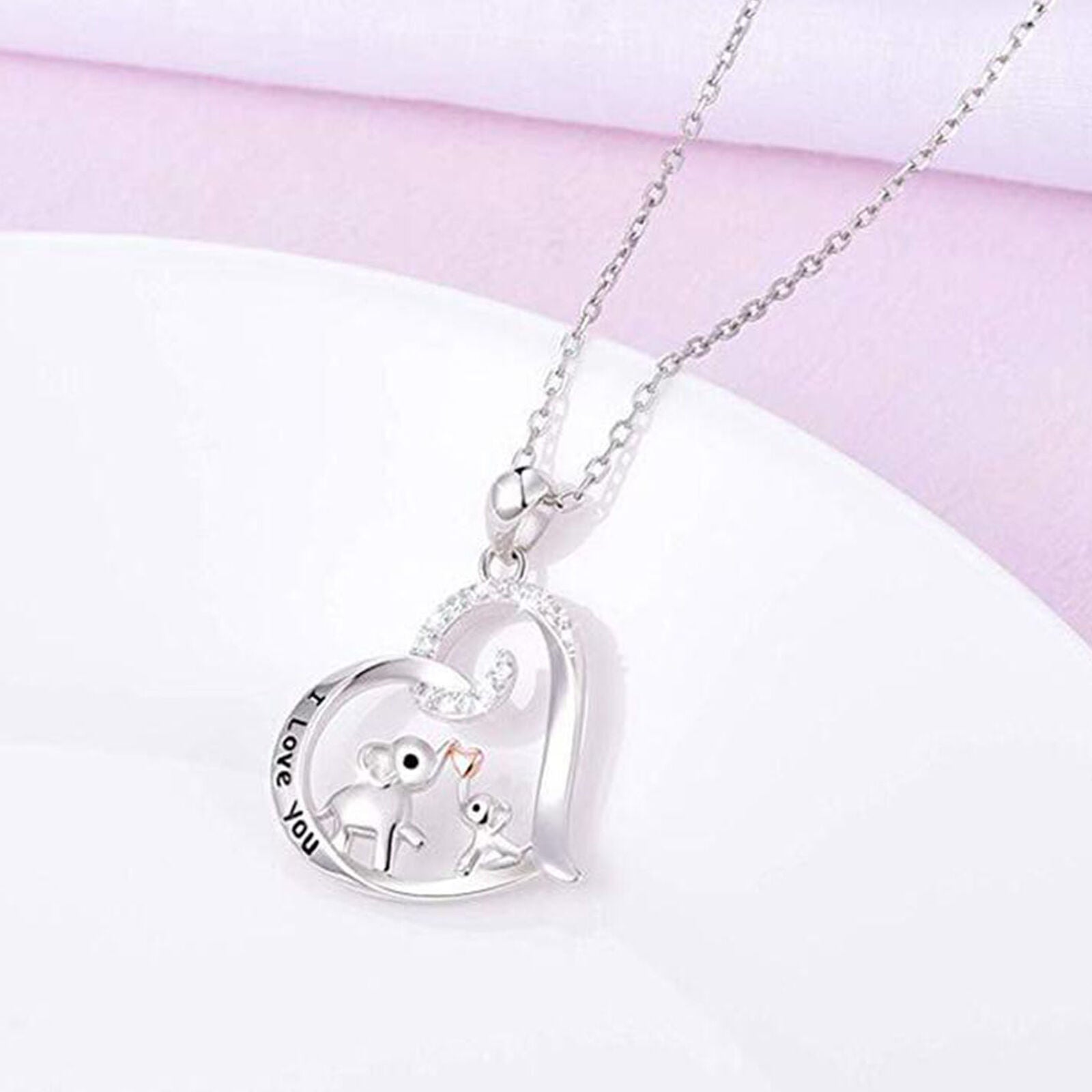 Women Pendant Rhinestone Heart-Shaped I Love You Baby Elephant Kiss Necklace