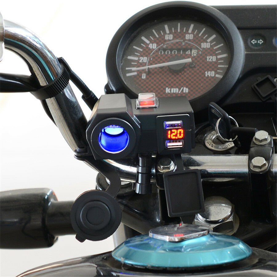 Motorcycle 12V Dual USB Power Port Charger Blue LED Adapter Cigarette Lighter