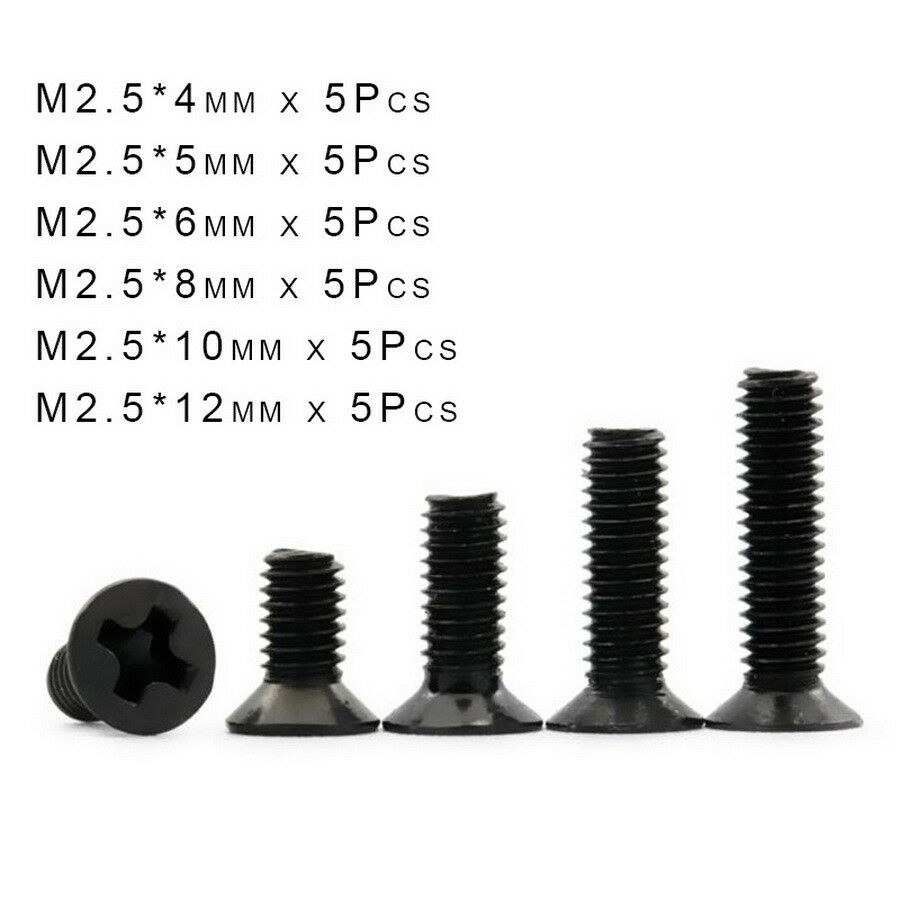30Pcs M2.5 * 4/5/6/8/10/12mm Phillips Countersunk Flat Machine Screws Black Zinc