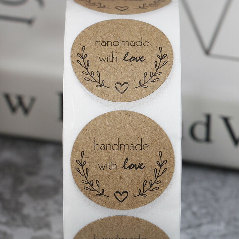 500pcs Handmade With Love Kraft Paper Stickers Round Adhesive Labels Baki.l8