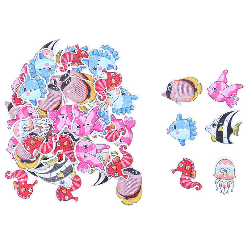 50PCs Wooden Buttons Colorful Mixed Fish Scrapbook Sewing Accessories DIY.l8