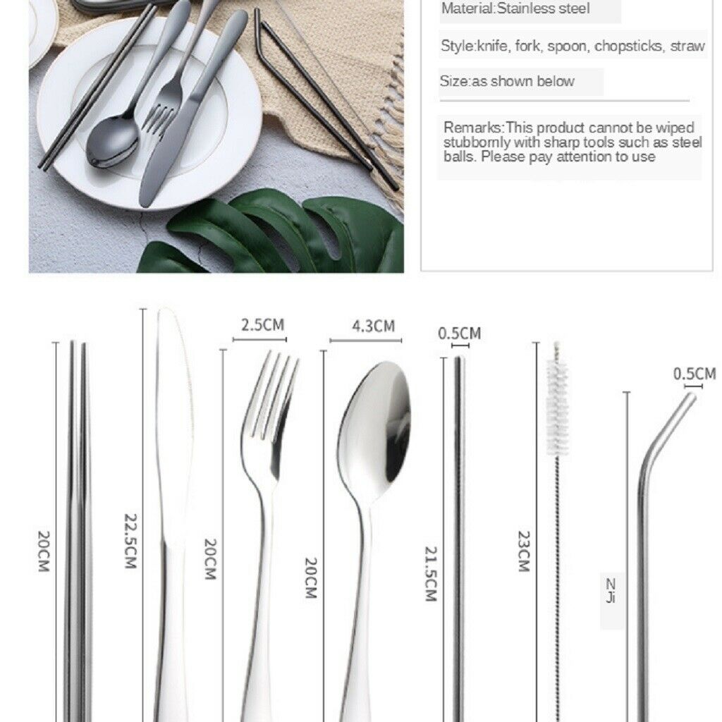 7pack Protable Cutlery Tableware with Bag Fork Curved/Stright Straws Picnic