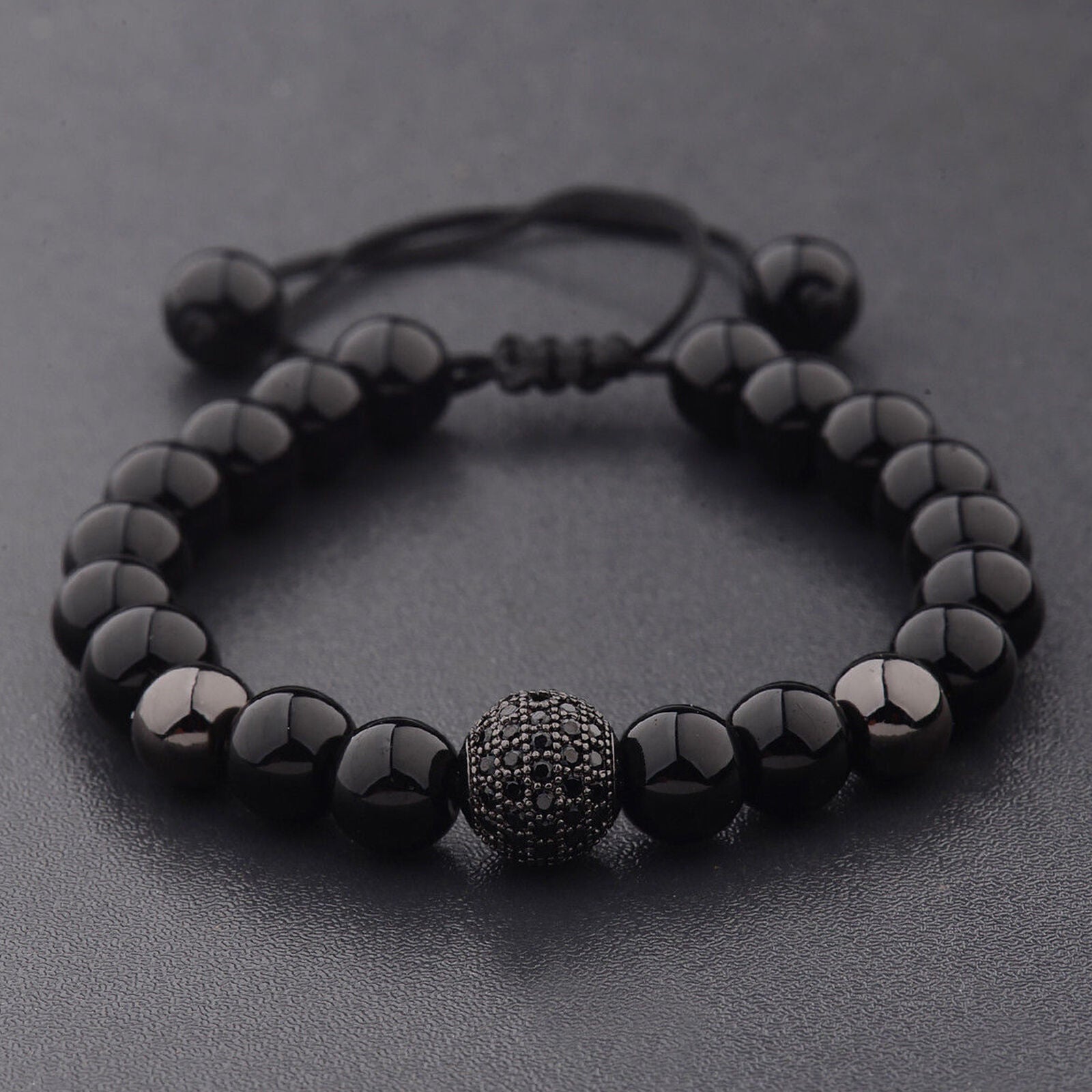 Charm Men's Zircon Micro Pave Black Natural Stones Round Beaded Bracelets new