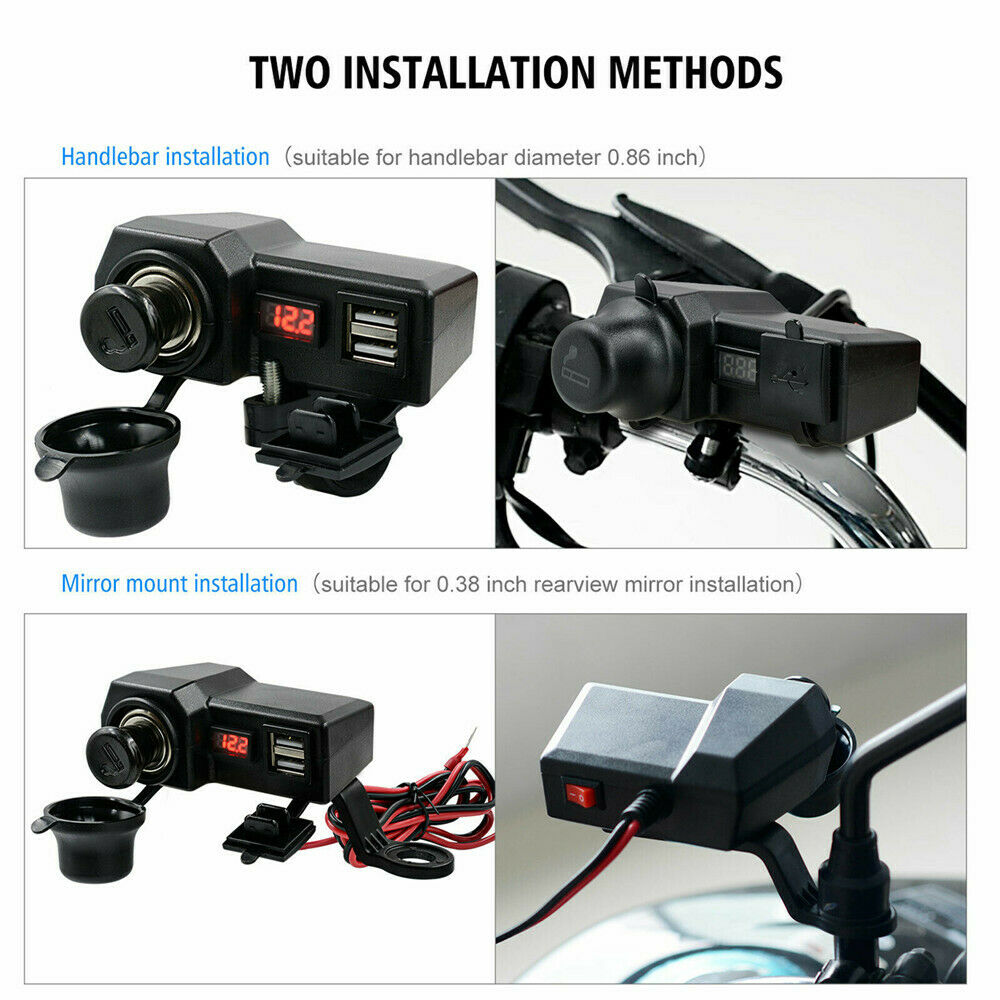 Waterproof Motorcycle Handlebar Dual USB Phone Quick Charger Voltmeter 10-24V
