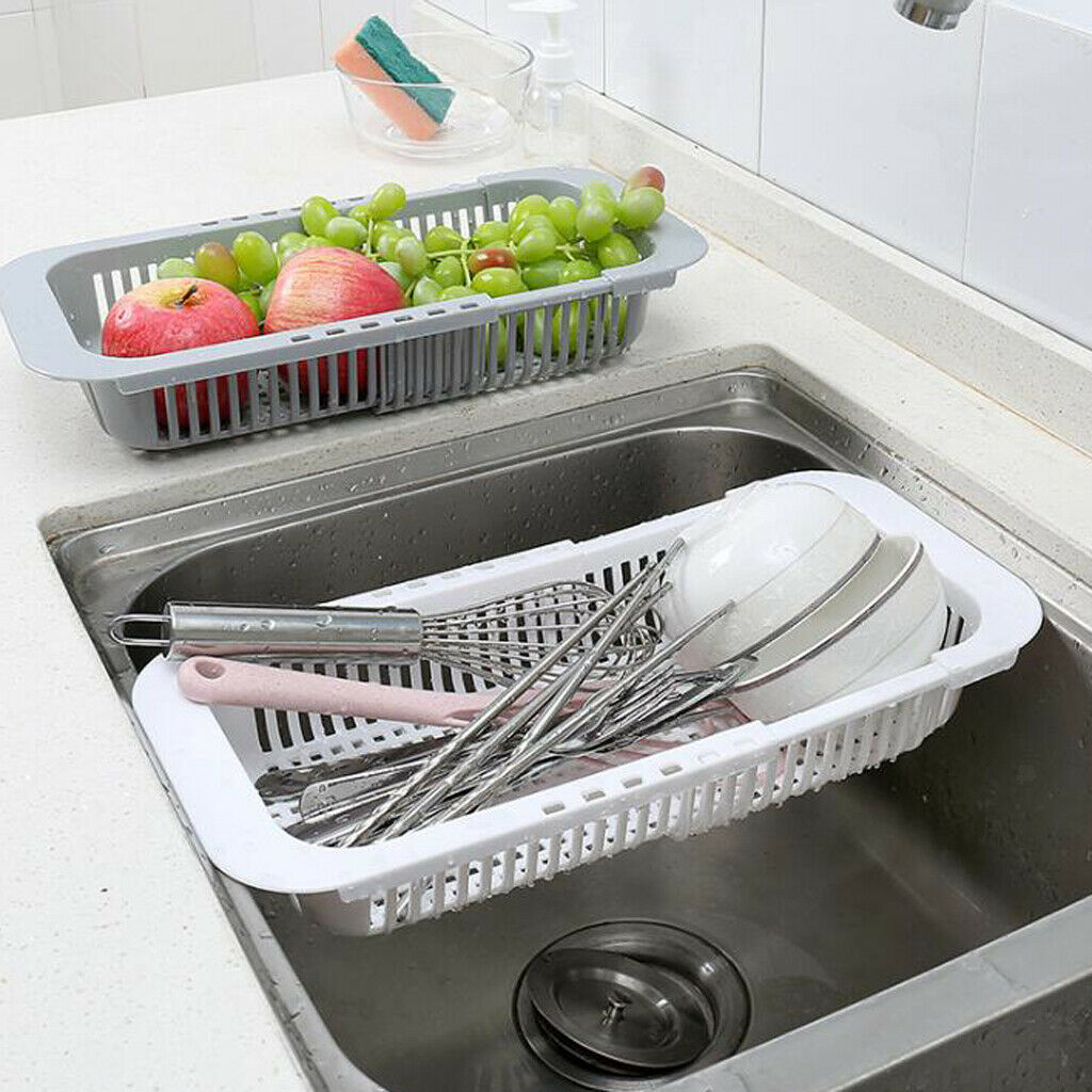 Dish Rack Over Sink Adjustable Holder Utensil Drainer Organizer Fruit white