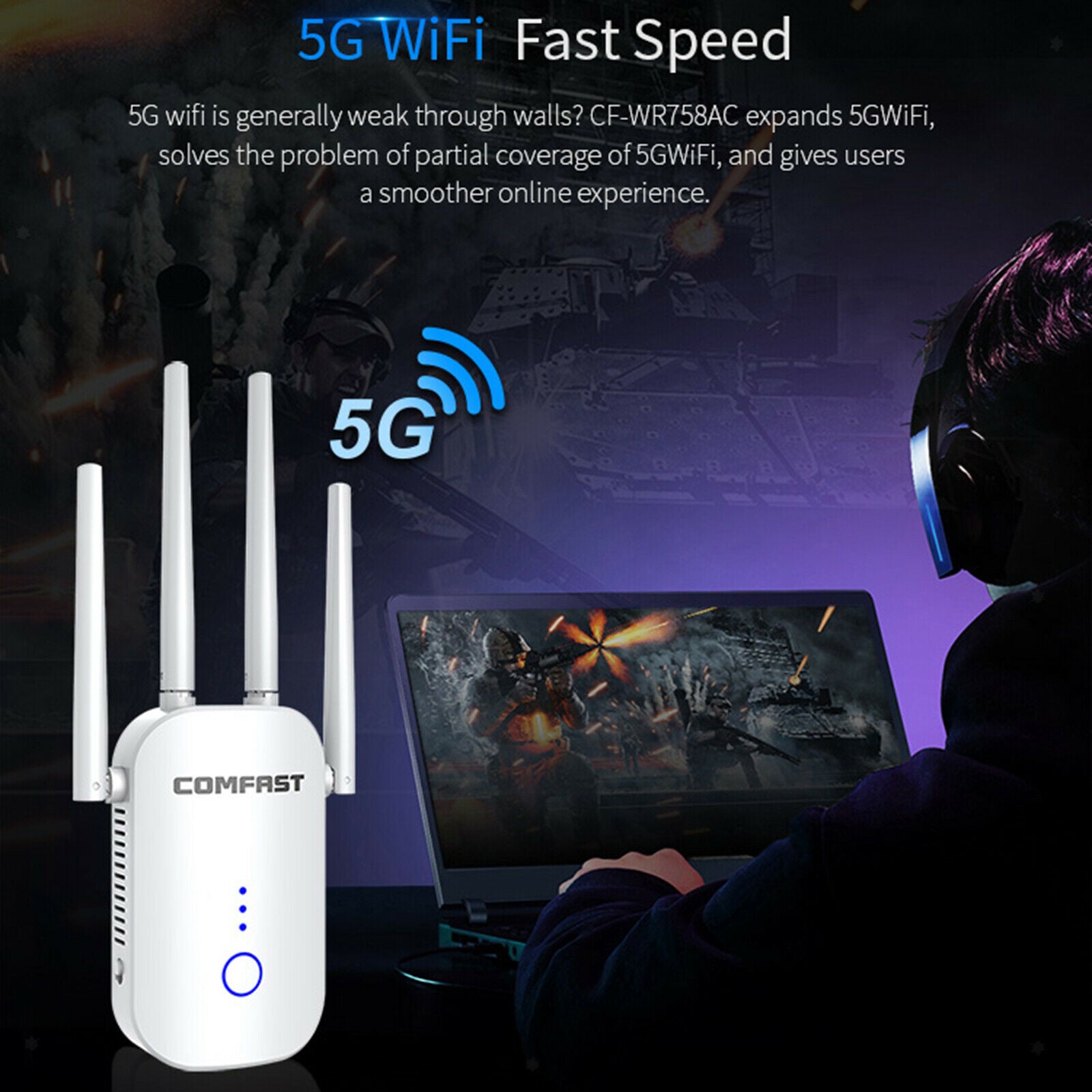 1200Mbps Wifi Extender Amplifer Signal Booster w/Ethernet Port AU Plug