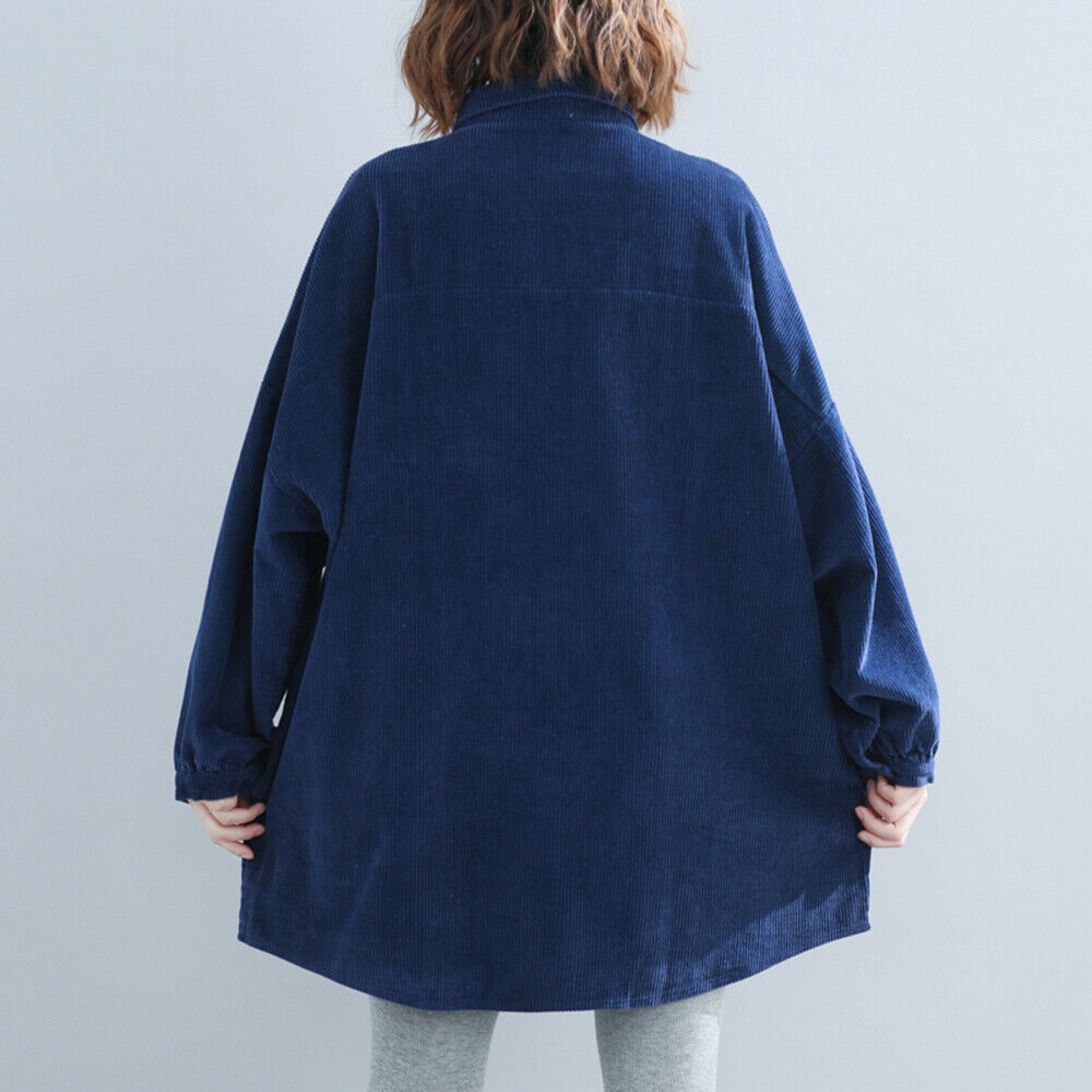 Womens Lady Corduroy Long Sleeve Shirt Oversized Loose Longline Cord Blouse Top